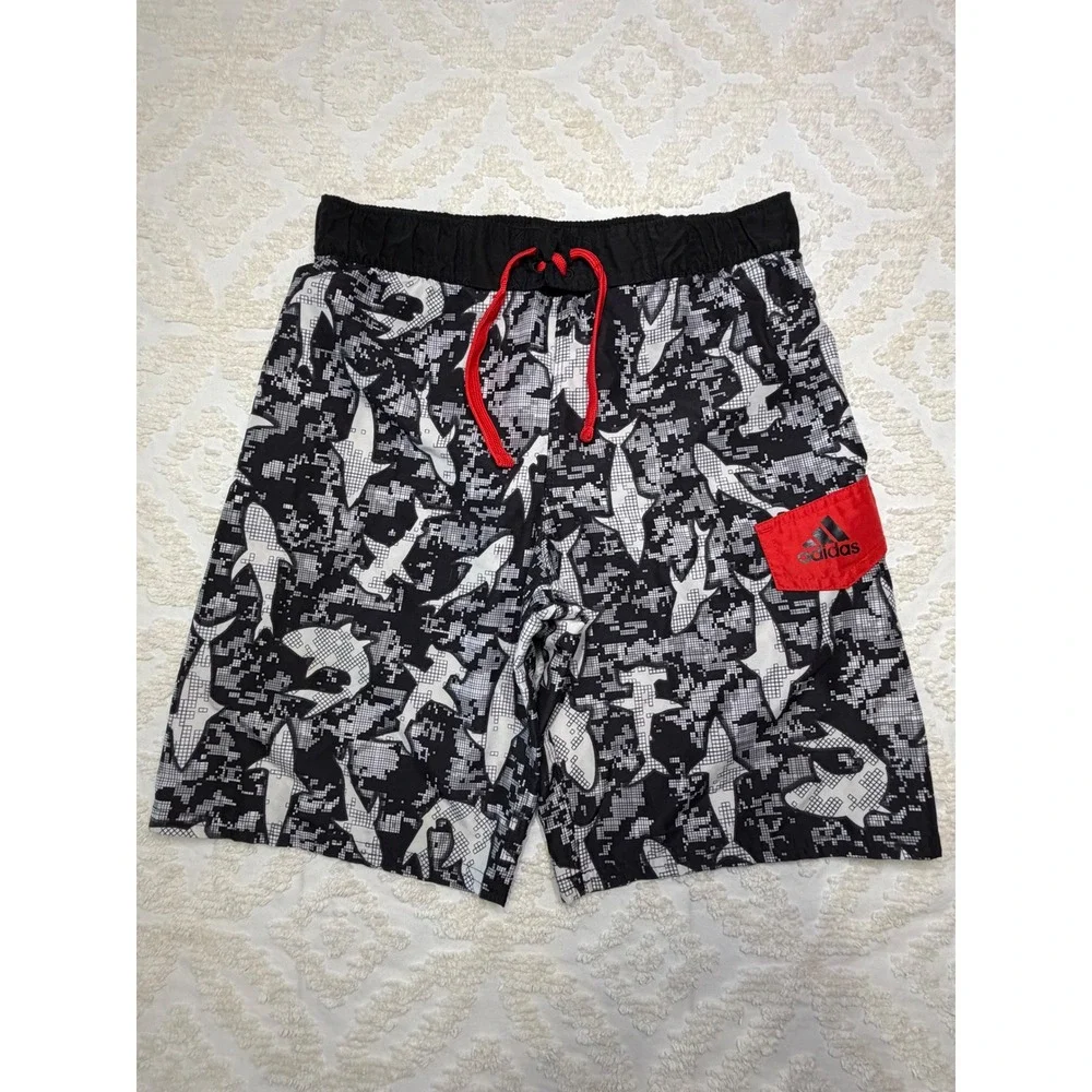Adidas Shark Digital Camo Swim‎ Trunks Black White Red Size M Boys Board Shorts